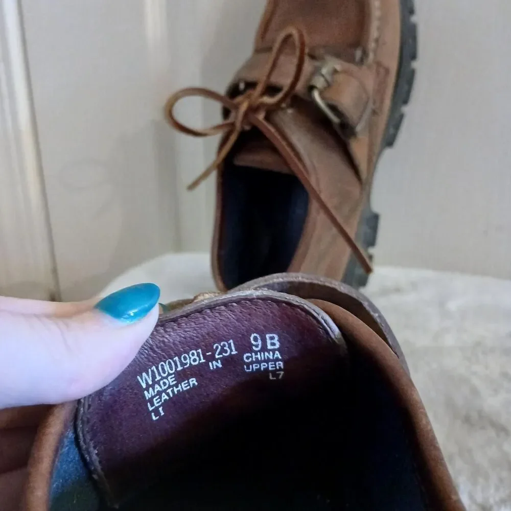 Y2K Vintage Ralph Lauren Brown Leather Buckle Strap Lug Sole Shoes 9 Preppy